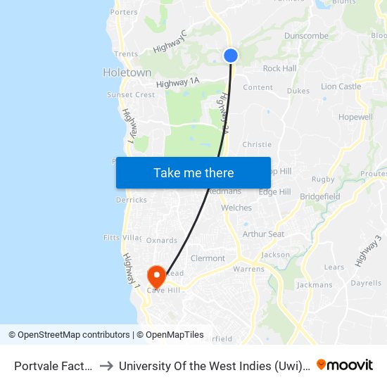 Portvale Factory (Left) to University Of the West Indies (Uwi) - Cave Hill Campus map