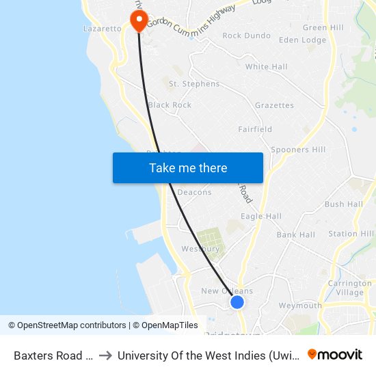 Baxters Road - Jordans to University Of the West Indies (Uwi) - Cave Hill Campus map