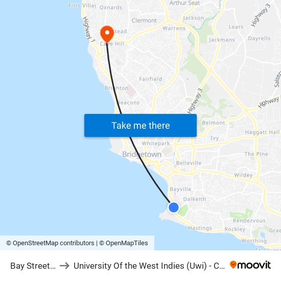 Bay Street - E&Y to University Of the West Indies (Uwi) - Cave Hill Campus map