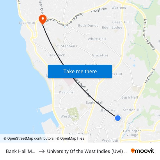 Bank Hall Main Road to University Of the West Indies (Uwi) - Cave Hill Campus map