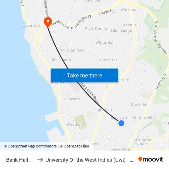 Bank Hall X Road to University Of the West Indies (Uwi) - Cave Hill Campus map