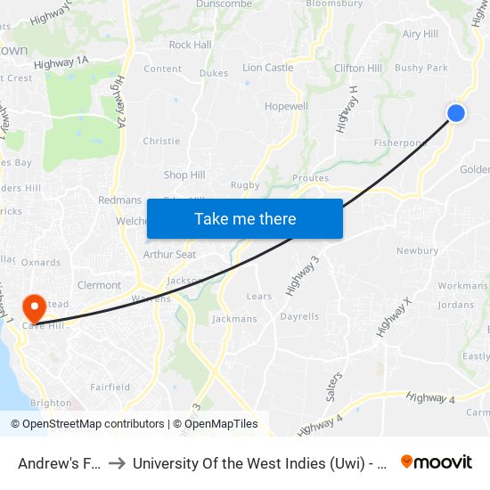 Andrew's Factory to University Of the West Indies (Uwi) - Cave Hill Campus map