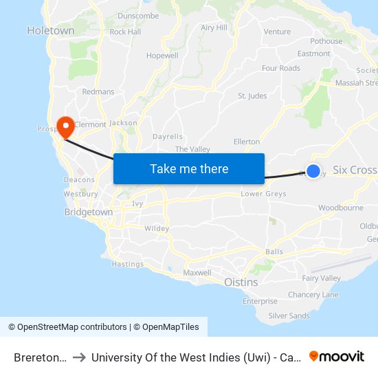 Brereton (27) to University Of the West Indies (Uwi) - Cave Hill Campus map