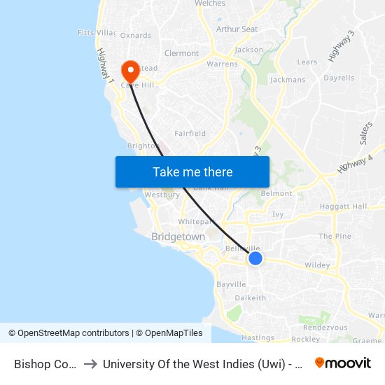 Bishop Court Hill to University Of the West Indies (Uwi) - Cave Hill Campus map