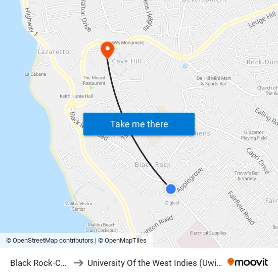 Black Rock-Carlton Sup to University Of the West Indies (Uwi) - Cave Hill Campus map