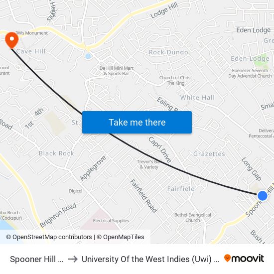 Spooner Hill (School) to University Of the West Indies (Uwi) - Cave Hill Campus map