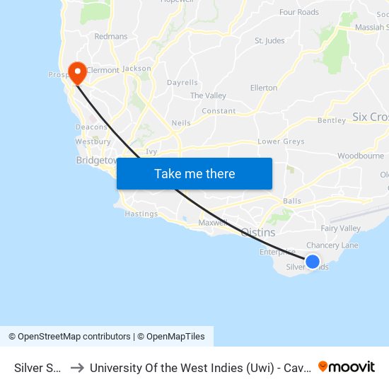 Silver Sands to University Of the West Indies (Uwi) - Cave Hill Campus map