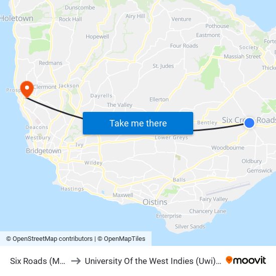 Six Roads (Marchfield) to University Of the West Indies (Uwi) - Cave Hill Campus map