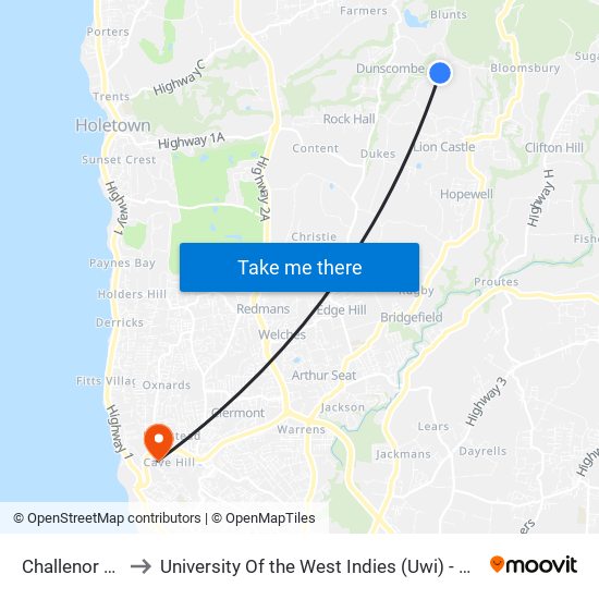 Challenor School to University Of the West Indies (Uwi) - Cave Hill Campus map