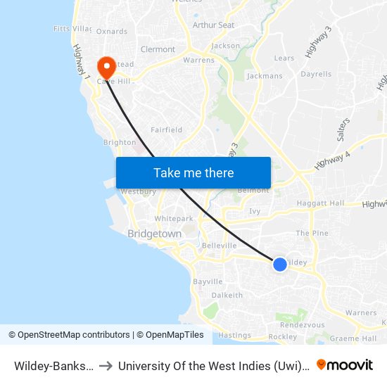 Wildey-Banks Brewery to University Of the West Indies (Uwi) - Cave Hill Campus map