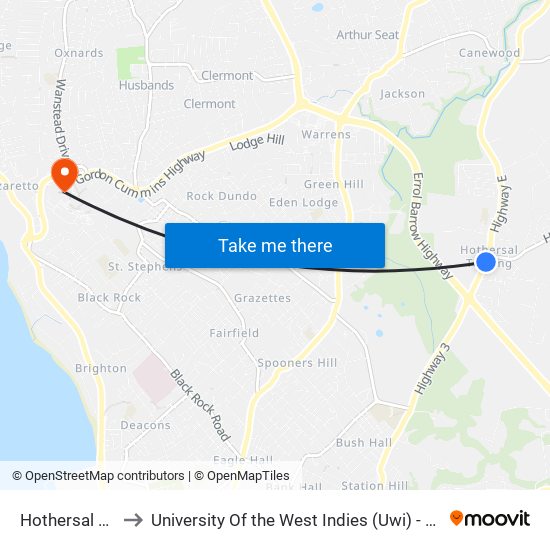 Hothersal Turning to University Of the West Indies (Uwi) - Cave Hill Campus map