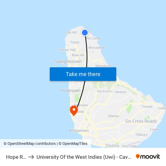 Hope Road to University Of the West Indies (Uwi) - Cave Hill Campus map