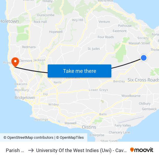 Parish Land to University Of the West Indies (Uwi) - Cave Hill Campus map