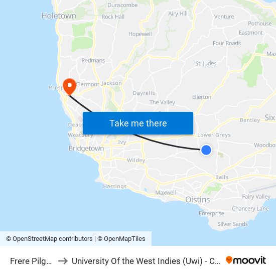 Frere Pilgrim Tp to University Of the West Indies (Uwi) - Cave Hill Campus map