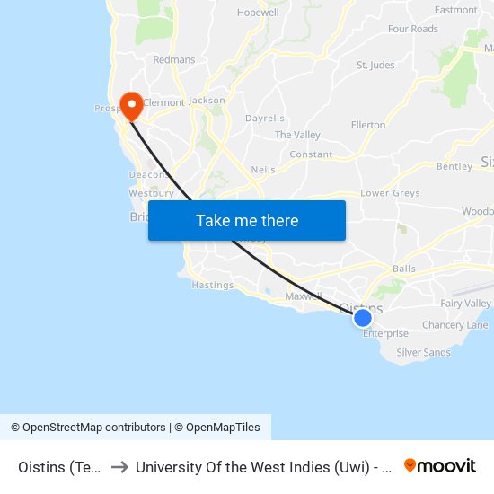 Oistins (Terminal) to University Of the West Indies (Uwi) - Cave Hill Campus map