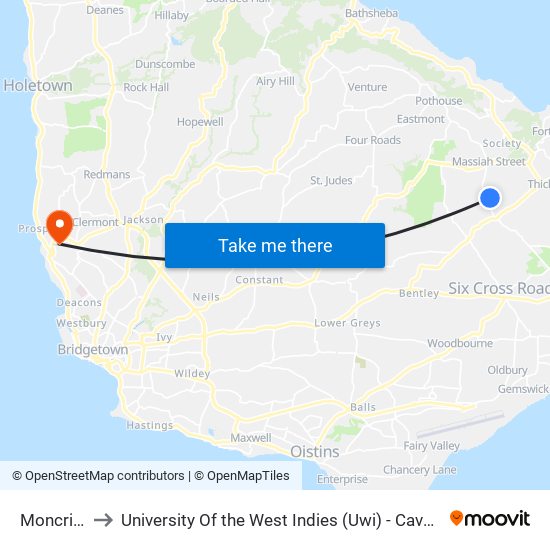 Moncrieffe to University Of the West Indies (Uwi) - Cave Hill Campus map
