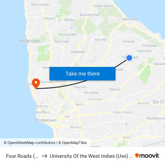 Four Roads (St. John) to University Of the West Indies (Uwi) - Cave Hill Campus map