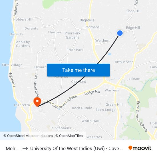 Melrose to University Of the West Indies (Uwi) - Cave Hill Campus map