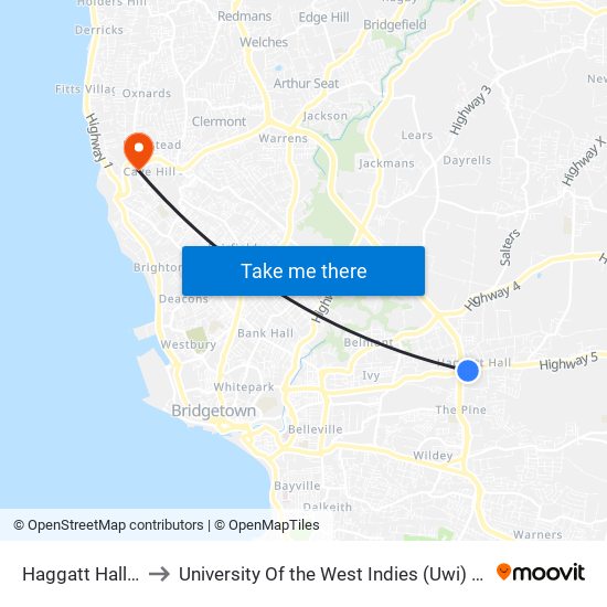 Haggatt Hall-Trimart to University Of the West Indies (Uwi) - Cave Hill Campus map