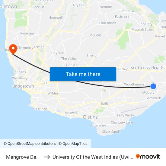 Mangrove Development to University Of the West Indies (Uwi) - Cave Hill Campus map