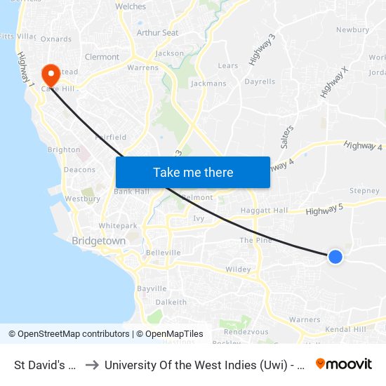 St David's Church to University Of the West Indies (Uwi) - Cave Hill Campus map