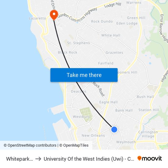 Whitepark Road to University Of the West Indies (Uwi) - Cave Hill Campus map