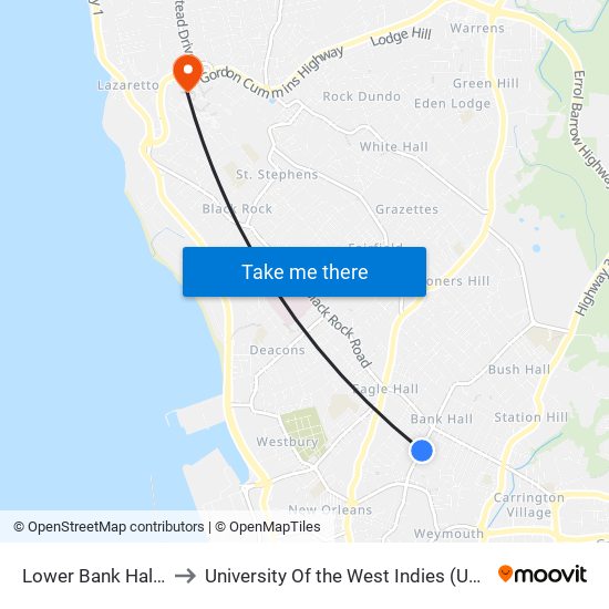 Lower Bank Hall Main Road to University Of the West Indies (Uwi) - Cave Hill Campus map