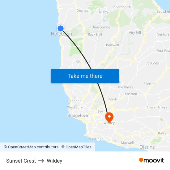 Sunset Crest to Wildey map