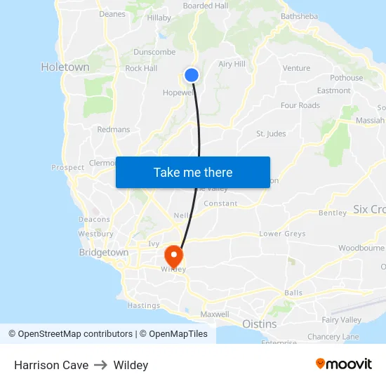 Harrison Cave to Wildey map