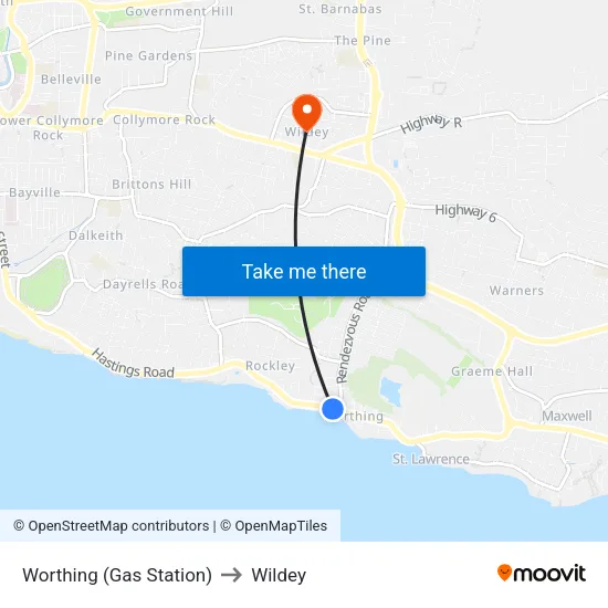 Worthing (Gas Station) to Wildey map