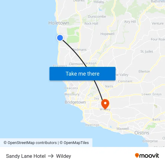 Sandy Lane Hotel to Wildey map