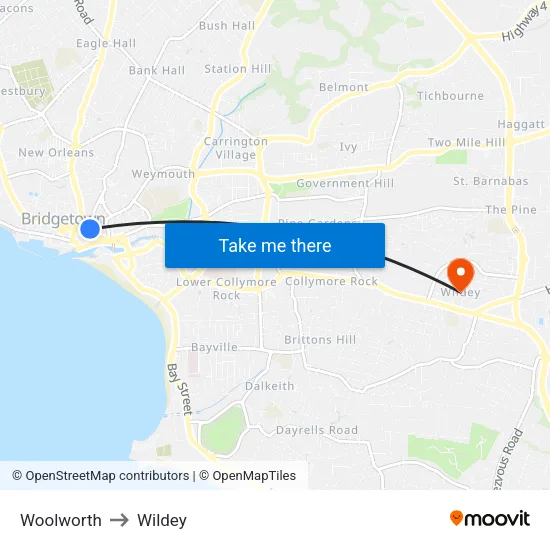 Woolworth to Wildey map