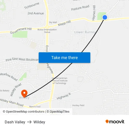 Dash Valley to Wildey map