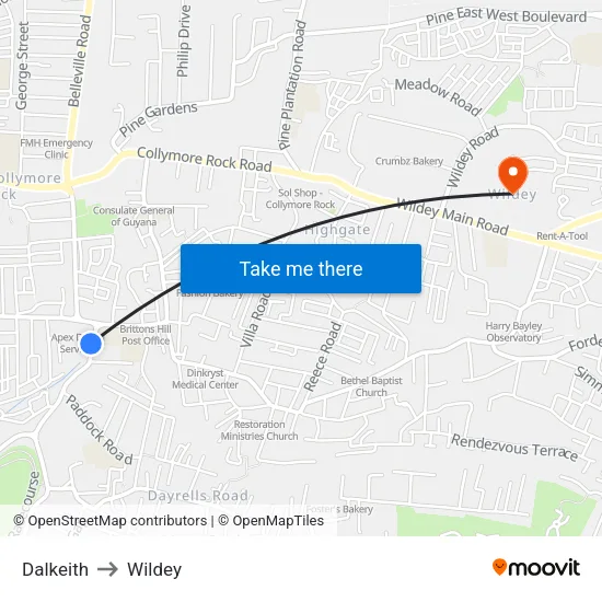 Dalkeith to Wildey map