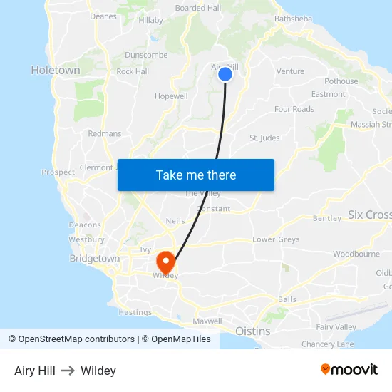 Airy Hill to Wildey map