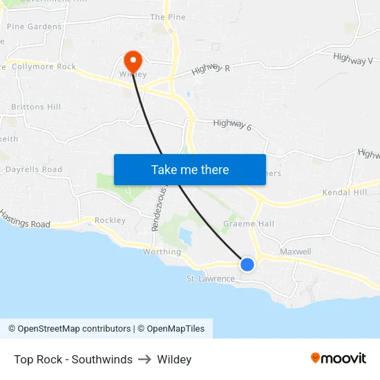Top Rock - Southwinds to Wildey map