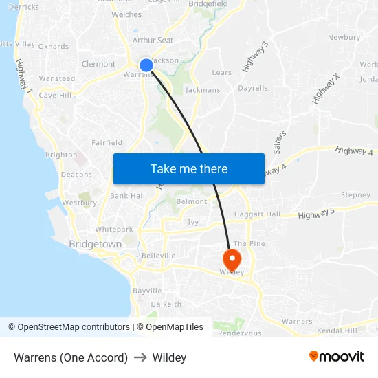 Warrens (One Accord) to Wildey map