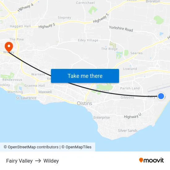Fairy Valley to Wildey map