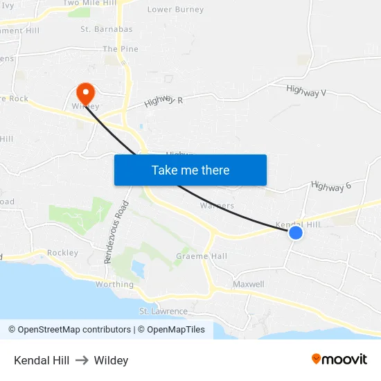 Kendal Hill to Wildey map