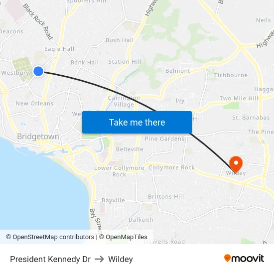 President Kennedy Dr to Wildey map