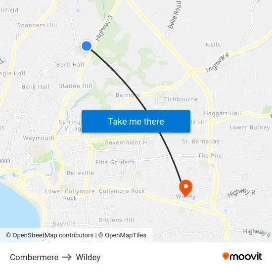 Combermere to Wildey map