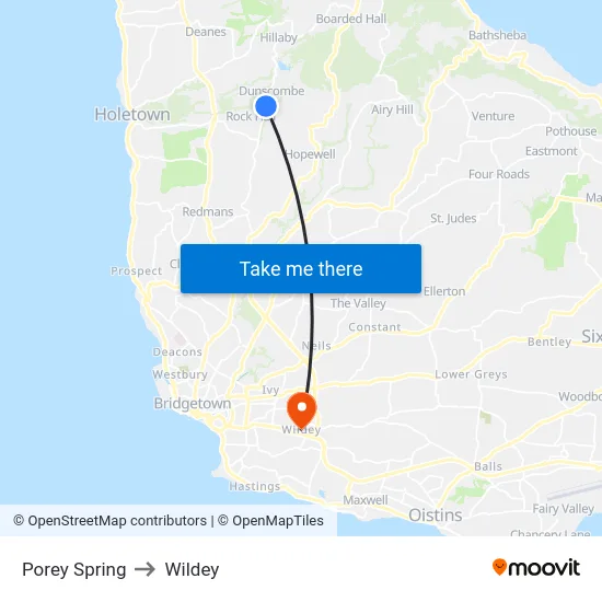 Porey Spring to Wildey map