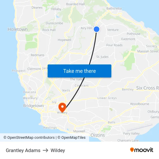 Grantley Adams to Wildey map