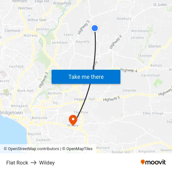 Flat Rock to Wildey map