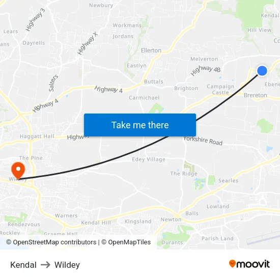 Kendal to Wildey map