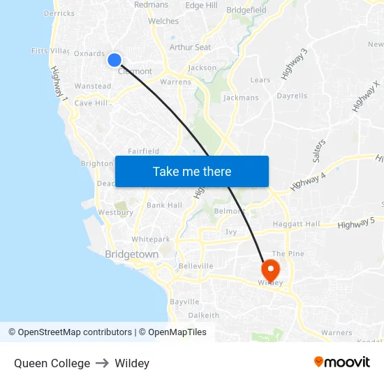 Queen College to Wildey map