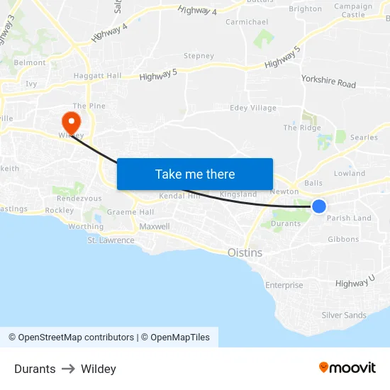Durants to Wildey map