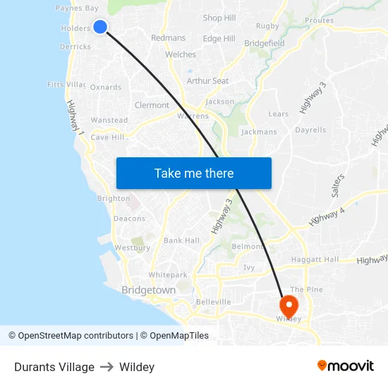 Durants Village to Wildey map