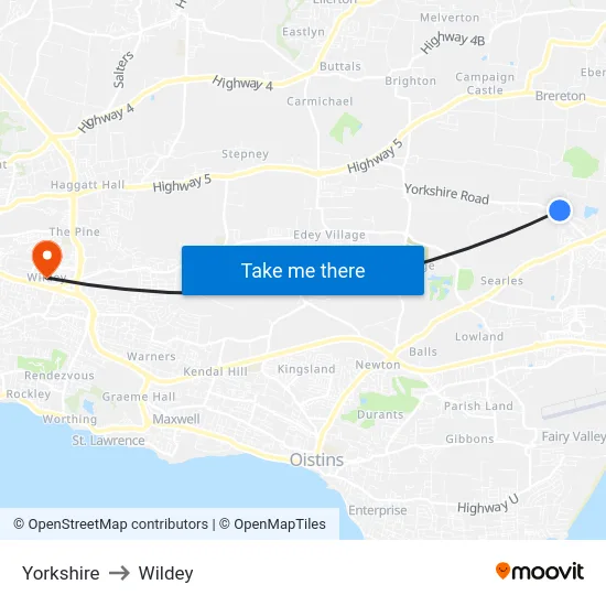 Yorkshire to Wildey map