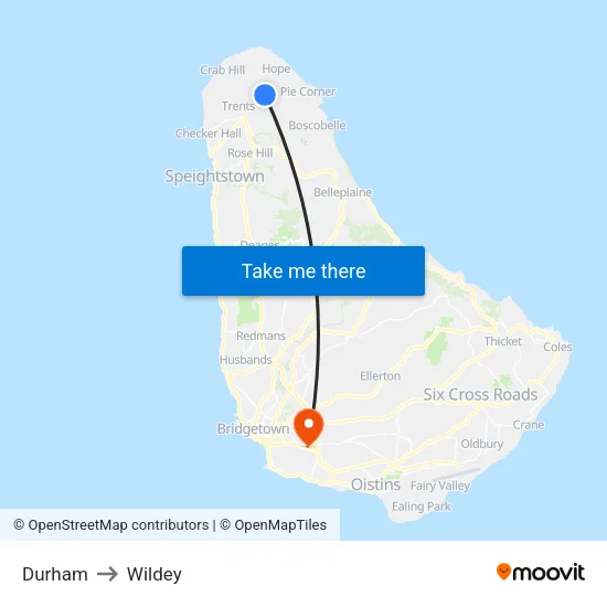 Durham to Wildey map